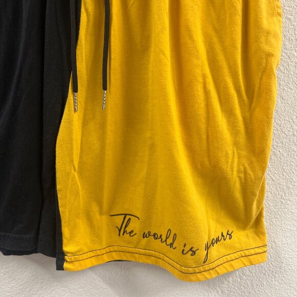 Two-Tone Black & Yellow Shein Shorts With "The World Is Yours" Text Elastic Wais - Picture 3 of 6